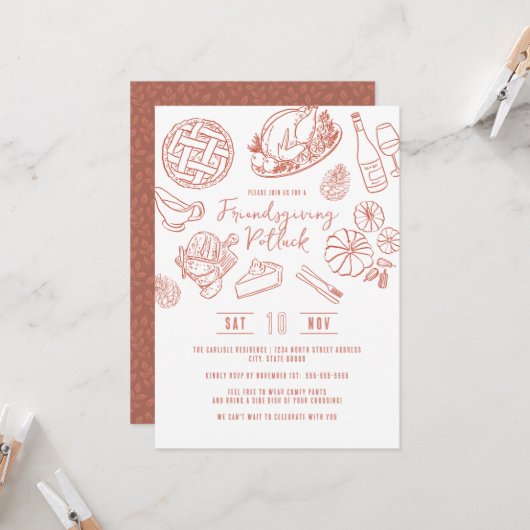 Friendsgiving Dinner Hand Drawn Food Whimsical 招待状 (正面/裏面インサイチュ)