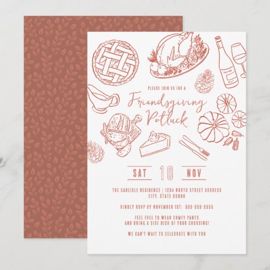 Friendsgiving Dinner Hand Drawn Food Whimsical 招待状 (正面/裏面)