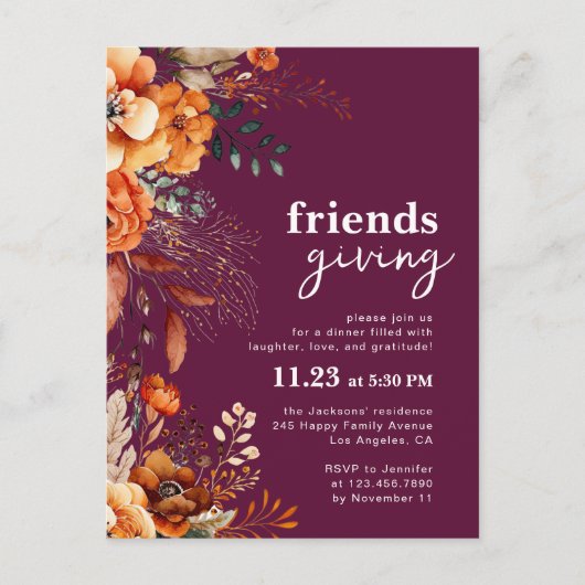 Friendsgiving dinner invitation autumnal floral ポストカード (正面)