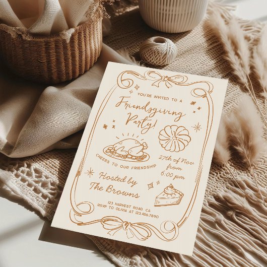 Friendsgiving Dinner Party Hand Drawn Doodle Fall 招待状