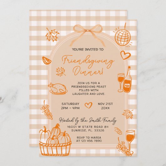 Friendsgiving Pumpkin Hand Drawn Dinner Party  招待状 (正面/裏面)