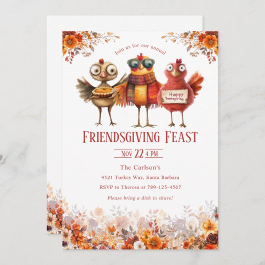 Friendsgiving Thanksgiving Cute Turkey 招待状 (正面/裏面)