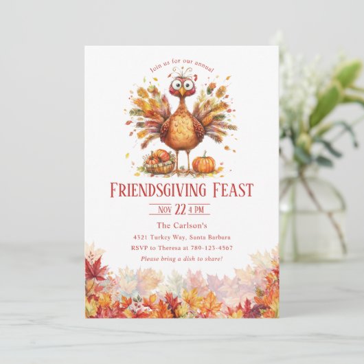 Friendsgiving Thanksgiving Cute Turkey 招待状 (スタンド正面)