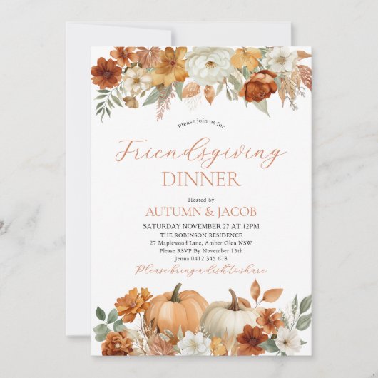 Friendsgiving Thanksgiving Pumpkin Fall Leaves 招待状 (正面)