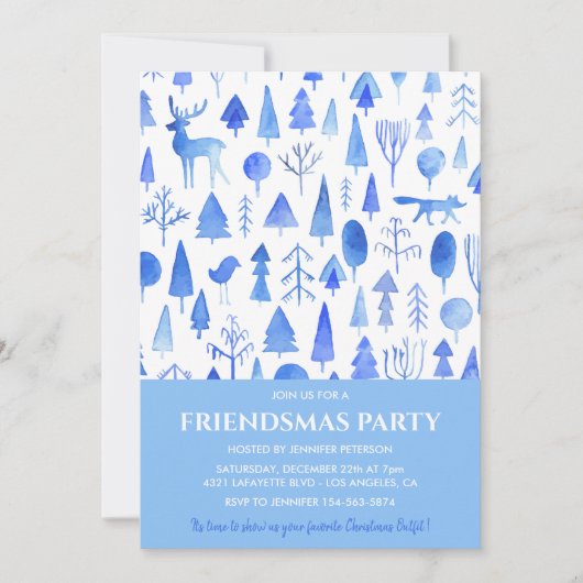 Friendsmas への招待状 美しい水彩画の木々  招待状 (正面)
