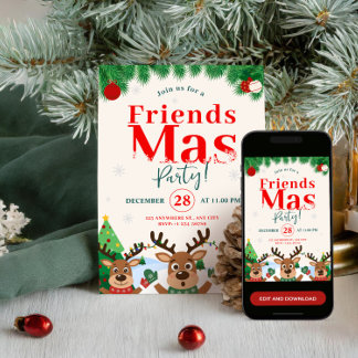 Friendsmas Christmas Holiday Party Cute Reindeer 招待状