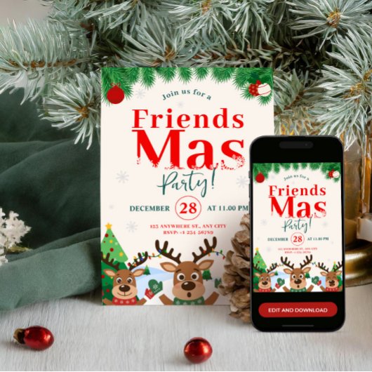 Friendsmas Christmas Holiday Party Cute Reindeer 招待状