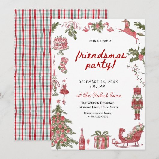 Friendsmas Whimsical Doodle Christmas Party 招待状 (正面/裏面)