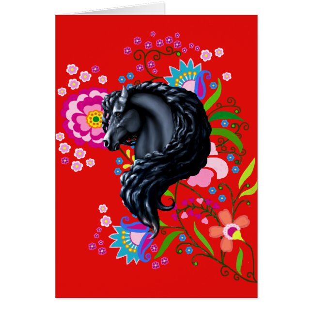 Friesianのフォーク、馬、黒い種馬 (正面)