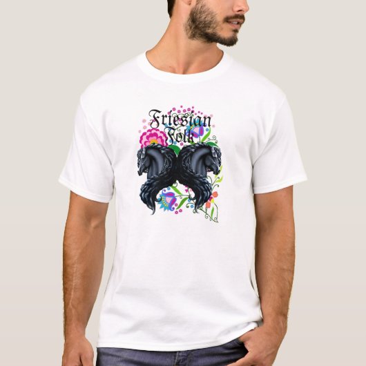 friesianの馬、種馬、民俗花 tシャツ (正面)