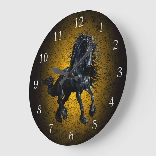 Friesianの馬、黒い種馬の美しいの金ゴールドの花こう岩 ラージ壁時計 (傾斜)
