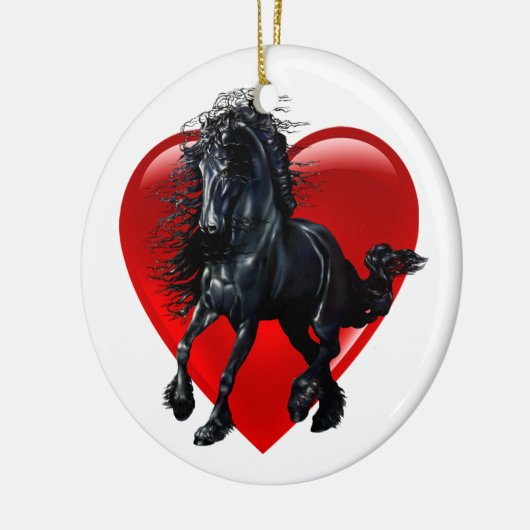 Friesianの馬、黒い種馬、黒い美しいのハート セラミックオーナメント (左)