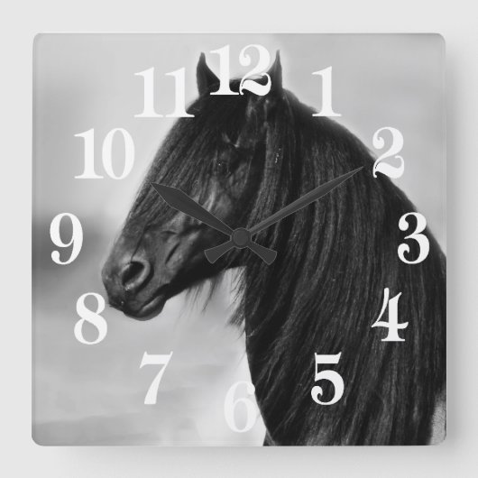 Friesianの黒い種馬の馬 スクエア壁時計 (正面)