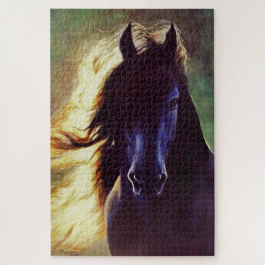 "Friesian白熱"の黒の馬、種馬(1014部分) ジグソーパズル (縦)