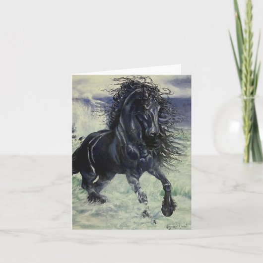 "Friesian Staorm" black stallion horse in ocean カード (正面)
