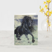 "Friesian Staorm" black stallion horse in ocean カード (黄色い花)
