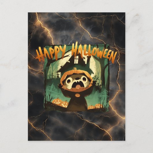 Frightened Otter in Halloween pumpkin costume シーズンポストカード (正面)