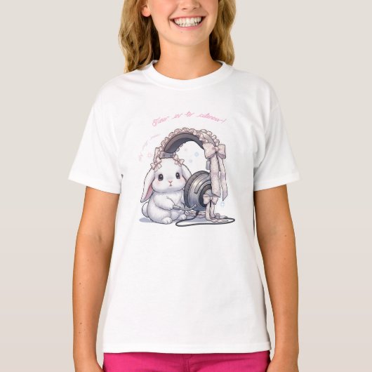 Frilly Headphone Bunny - Lovely Music Lover Kawaii Tシャツ (正面)