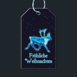 Froeliche Weihnachen - Blue Caribou (Reindeer) ギフトタグ<br><div class="desc">星空白熱［赤熱］光を放つの背景に青い雄牛のトナカイが重ね合わせられる。文字読の「Frohliche Weihnachen」は青と白白熱［赤熱］光を放つで現れる。反対側に独自の文字を追加する。トナカイは北アメリカ以外ではトナカイとして知られ、北極圏と亜北極圏の鹿である。全体として広く多数の亜種が存在する一方で、いくつかの亜種は珍しく、1つは絶滅した。イヌイット語のトゥクトゥは、動かない鹿を意味ストップす。カリブーは常に移動し、北に向かって北に行き、冬の敷地に向かい、夏には南に向かう。カラフルで大きいカリブー。鹿の中でも雌雄ともに〔雄ジカの〕枝角を育てるが、雄が多く、完全に足りない個体数も少ない。半家畜化されたトナカイ(肉、皮、〔雄ジカの〕枝角、ミルク、輸送)のカリブー狩りと牧草は、いくつかの北極圏と亜北極圏の人々にとって重要である。トナカイ/トナカイは遠く離れた場所でも、おそらく19世紀初頭に生まれた神話によって知られている。この神話では、サンタクロースのそりはクリスマスの世俗的な要素であるトナカイによって引っ張られてい飛んでいる人気があるる。実際のラップランドでは、トナカイはプルクを引っ張るだろう。分布と生息地カリブー/トナカイは、ツンドラとタイガの両方に存在する北方北極に広く多くの種である。もともとは北緯50度以北のスカンジナビア、東ヨーロッパ、ロシア、モンゴル、北中国で発見された。北米では、カナダ、アラスカ（米国）、およびワシントンからメインまで北の末端アメリカで発見された。19世紀には、アイダホ南部に現存していたようだ。サハリンやグリーンランドでも自然に起こり、アイルランドの歴史的な時代にも起こった。更新世後期に入ると、トナカイは北アメリカのネバダやテネシー、ヨーロッパのスペインまで南に広がり、現在では種は広い歴史的範囲の多くの地域、特に南部から姿を消し、ほとんどどこでも消滅した。ノルウェー、フィンランド、スウェーデン、シベリア、グリーンランド、アラスカ、カナダのマルクー地域では依然として多くの人々が生息している。家畜化されたトナカイは主に北フェンノスカンディアとロシアで見られ、スコットランドのケルンゴルムス地域に住む約150～170頭のトナカイの群のまわりにれ。ヨーロッパで最後に残った野生のトンドラのトナカイは、ノルウェー南部の一部で見られる。20世紀初頭に、ノルウェーから少しトナカイが南大西洋の島である南ジョージアに導入された。今日では、2つの別個の群れが今もそこに繁栄し、永久に氷河によって分離されている。彼らの総数は数千人に満たない。領土の旗と紋章にはトナカイの像が刻まれている。4000のまわりに個のトナカイがケルゲレン諸島フランスのの南極亜群島に導入された。東アイスランドには約2500-3000頭の動物の小さな群れがある。トナカイの個体数は歴史的に変動しているが、多くの群れは個体数の範囲を超えて減少している。この世界的な減少は、北部、渡り性のトナカイとトナカイの群れに対する気候変動と、座り続ける非渡り性の群れに対するトナカイの生息地の産業上の妨害と関連している。ファーファーのカラーは、季節や亜種によって、それぞれ個別に大きく変化する。北の個体数は通常は比較的少なく白く、南の個体数は比較的大きいのが一般的に暗い。北アメリカでは、北の亜種のペアリ・カリブーが大陸で最も白くて最小の亜種であり、南の亜種のウッドランド・カリブーが最も暗くて最大である。コートは毛の層を2つ持ち、毛織の密なアンダーコートと中空の空気で満たされた毛で構成された長い髪のコート。〔雄ジカの〕枝角のトナカイ〔雄ジカの〕枝角は、ベルベットと呼ばれる毛皮の層の下で毎年再び成長する。多くの人々では、両性とも〔雄ジカの〕枝角を育てている。これは、12月に旧雄の秋がオフに切り替わり、初期春の若い男性の場合はオフに切り替わり、夏の女性の場合はオフに切り替わる。〔雄ジカの〕枝角は通常、2つの異なる点のグループ（下部と上部）を持つ。家畜化されたトナカイは、野生のトナカイよりも短い脚と重い。〔雄ジカの〕枝角の大きさにはかなりの亜特異的な変化がある（例えば、最北の亜種ではかなり小さくて細長い）が、しかし亜種の中にはムースに次いでブルトナカイの〔雄ジカの〕枝角が存在する鹿の中で2番目に大きく、ビーム長が39インチ(100cm)と53インチ(135cm)までのものもある。鹿の中で体サイズに対して最大の〔雄ジカの〕枝角を持つ。アントラー遊サイズは、グループ階層を確立する上で重要な役割を持つ。鼻とホープトナカイは、鼻孔の内部の表面積を劇的に増加させる鼻甲骨を特徴とする特殊な鼻を持っている。入ってくる冷気は肺に入る前に動物の体熱によって温められ、呼気する前に呼気から水が凝縮されて取り込まれ、乾燥した入り空気を湿らせるために使われ、粘膜を通じて血液に吸収される可能性がある。トンドラが柔らかく濡れている夏には、フットパッドがスポンジ状になり、余分な牽引力を与える。冬になると、パッドは縮んで締め、氷に切り込み、雪を砕いて氷から切り出すホフの縁が露出し保ているスリップまたは滑ること。また、トナカイのコケとして知られる地衣類である雪の中を掘り下げて食べ物に食べお気に入りのる（「クレーター」と呼ばれる活動）。トナカイの多くの種の膝は、歩く間にクリックの音を生成するように適応している。ダイエットトナカイは反芻動物で、胃は四つ角を持つ。主に冬の地衣、特にトナカイ苔に頼る。しかし食べ柳や樺の木のやシゲや草も含まれる。大事な行事では、レミングスや北極のイワナや鳥食べ物を与え卵も食べられるという証拠もある。チャキスのトナカイは夏の終わりにキノコを熱心に食べることで知られている。移動北米のトナカイの一部の集団は、任意の陸生哺乳類の最も遠くを移動し、年間3, 100 mi(5, 000 km)までの旅行、390, 000平方mi(1, 000, 000 km2)をカバーする。他の集団（例えば、ヨーロッパでは）より短い移動を持ち、いくつかがある。通常は旅行中に1日に12-34マイル（19-55キロ）の距離を移動し、カリブーは50走（80キロ/h）までの速度で行うことができる。春の移動の間、小さな群れが一緒に50, 000～500, 000動物の大きな群れに型枠するが、秋の移動の間に群れが小さくなり、トナカイが交尾し始める。冬の間、トナカイは雪の下で森林に移動する。春で離れは、冬場をグループ化して落ち着く場所に行く。トナカイは簡単かつ迅速に泳ぐことができ、通常は4マイル(6.5km/h)で泳げるが必要もしで6マイル(10km/h)で泳ぐことができ、移住する群れは大きな湖や広い川を泳ぐのを躊躇しない。捕食動物トナカイを強く食べる捕食動物は様々である。ゴールデンイーグルスは子牛を食べ物にし、餌場で最も多産な狩人である。ウルベリンは生まれたばかりの牛や産卵牛を連れて行く。クログマと(彼らが出会う稀なケースで)クロクマはすべての年齢のトナカイを餌食にするが（ウルヴァリンと同様に）、子牛や病気の鹿のような弱い動物を攻撃する可能性が最も高い。グレーウルフは、特に冬の間、成虫トナカイの最も効果的な自然の捕食者である。キャリボはキャリ食べ物を与えオンとして、キツネやカラス、タカが乗っている。黒い吸ハエや蚊などの血液の昆虫は、夏の間にトナカイを引き起こすペストであり、の行動や落ち着いた行動を抑制するのに十分なストレスを引き起こす食べ物を与え可能性がある。ある例では、トナカイの体全体が北大西洋北部の種であるグリーンランドのサメ（おそらく掃気の場合）に見つかった。これらの捕食者の個体数は、トナカイの移動によって影響を受けている。アイス時代には、彼らはディール・ウルフ、ケイヴ・ライオンズ、アメリカのライオンズ、背の低いクマ、洞窟のハイエナ、スミロドン、ジャガー、クガー、そして恐らく地面のナマケモノに直面した。トナカイとヒトの狩りトナカイの狩りは非常に長い歴史を持ち、トナカイ/野生トナカイは「狩りに関する人類学的な文献の中で独身のもっとも偉大、重要な種であるかもしれない」と言う。 人間は中石器時代と新石器時代に狩りトナカイを始め、現在では多くの地域で主な捕食者となっている。ノルウェーとグリーンランドには、氷河期から現在までの狩り野生のトナカイの絶え間ない伝統がある。Jotunheimenのようなノルウェー中部の非森林の山々では、特に狩りトナカイのために建てられた石で造られたトラップ穴、ガイド柵、弓台の遺跡を見つけることが可能である。これらは、確実に、移行期間に日付を付けることができるが、石器時代以降に使用されている可能性は低い。ノルウェーは現在、トナカイ狩りの痕跡や伝統を持つ地域を対象に、世界伝統サイトとしてノミネートを申請する準備を進めている。ノルウェーのこの地域には、氷河の後の石器時代から今日までのトナカイ狩りの途切れない伝統がある。野生のトナカイはまだ北アメリカとグリーンランドで狩られている。イヌイット族伝統的ライフスタイル、北部第一民族、アラスカ先住民、グリーンランドのカラアリトでは、カリブーは食べ物、衣服、避難所、道具の重要な供給源である。山嵐のトナカイに頼っている人の多くは後を追、今でもトナカイの管理を行っており、トナカイの肉の販売禁止や狩り旅行でトナカイの数に制限を設けています。カリブーの血は、植民地時代のケベックの狩猟家やロガーが寒さに対抗するために飲み物としてアルコールと混ざっていたと思われる。この飲み物は、カリボウと呼ばれるワインやウイスキーの飲み物として、血を流さずに楽しむことができる。トナカイの殻トナカイの毛皮の被毛トナカイは、サミやネネットを含む北極圏や亜北極圏の人々によって何世紀も引き継がれている。彼らは肉、皮、〔雄ジカの〕枝角のために育てられ、より少ない範囲で牛乳や輸送のために。トナカイは牧草地で自由に歩くので、完全に家畜化されたものではないと考えられている。遊牧伝統的では、トナカイ遊牧民が年々の遊行路に従って海岸と内陸部の間を遊牧民と共に遊行し、遊牧民が鋭く世話をする。しかし、トナカイは搾乳や動物や重荷の動物として飼われたが、飼育されて荷車を引くは育たなかった。アラスカで半家畜化された家畜としてのトナカイの使用は、19世紀後半にアメリカの先住民カッタ・サービスによって導入された。このサービスはシェルドン・ジャクソンの支援を受け、現地の人々に生計を立てる手段となった。トナカイはシベリアから最初に輸入され、その後ノルウェーからも輸入された。アラスカ州のウェ走ールズにある定期便は、トナカイの乗ったソリを描使用した。アラスカでは、トナカイ遊牧民は衛星遠隔測定を使用して彼らの群れを追跡し、オンライン地図やデータベースを使用して群れの進行状況をグラフ化する。エコノミートナカイは、ユーラシアのサーミ、ネツ、カンツ、イヴェンクス、ユカヒス、チュクチ、コヤクを含む全ての極地の人々にとって重要な経済的役割を持っている（または持っていた）。青銅信じ時代と鉄時代の間で家畜化が始まったのだ。シベリアの鹿の所有者もトナカイを乗りに使用する（シベリアのトナカイはスカンジナビアの親戚よりも大きい）。飼育者の場合独身のは、所有者は数百または数千の動物を所有する可能性がある。ソ連ロシアの秋以減ら来、遊牧民の数は大きかった。毛皮と肉は売られ、重要な収入源である。トナカイは19世紀末頃にアラスカに導入され、そこで先住民のトナカイ亜種と交配した。セワード半島のトナカイ遊牧民は、彼らの移動中に動物（オオカミなど）の野生のトナカイ後を追ブから彼らの群れに大きな損失を経験した。トナカイ肉人気があるはスカンジナビア諸国にある。トナカイのミートボールは缶詰で売られている。サウテードトナカイはラ最高のプランドの有名な料理である。アラスカとフィンランドでは、トナカイのソーセージがスーパーや食料品店で販売されている。トナカイの肉はとても柔らかくて細い。新鮮に作ることができるだけでなく、乾燥、塩漬け、熱く、冷たい燻製。肉に加えて、トナカイの内臓のほとんどすべて食べが料理であることが伝統的できる。さらに、フィンランドのラップランドで完全に製造され、詰め込まれたラピンポロンリハ新鮮なトナカイの肉はPDO分類と共にヨーロッ保護パに存在する。</div>
