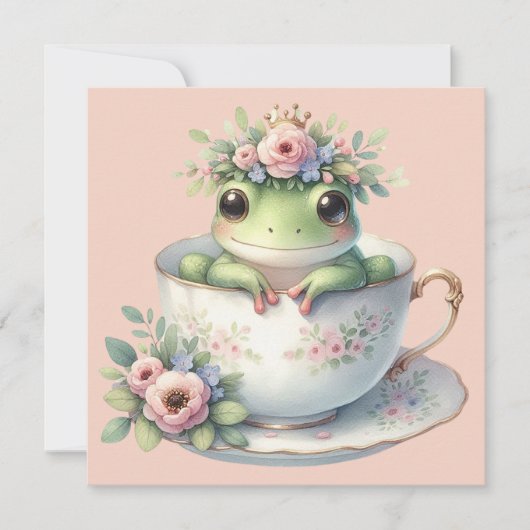 Frog お洒落 inフローラTeacup Flat Greeting Card カード (正面)