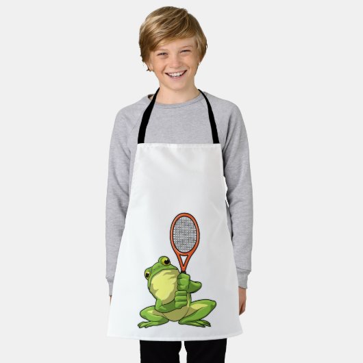 Frog at Tennis with Tennis racket エプロン (着用した状態)