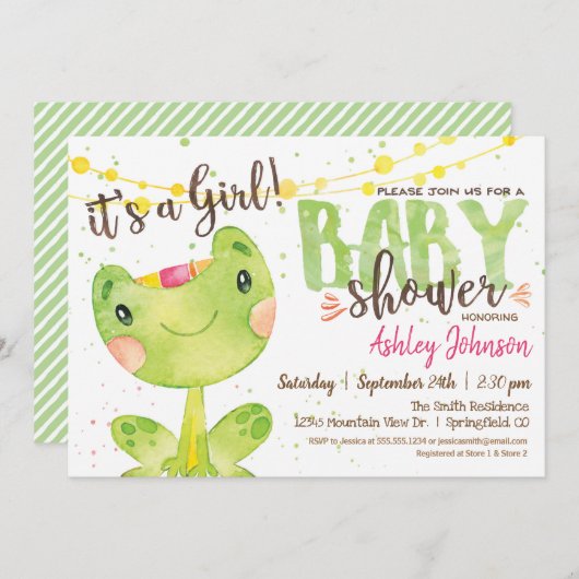 Frog Baby Showerの招待状、Girl 招待状 (正面/裏面)