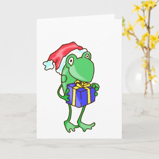 Frog Christmas -- Frog, Present, Santa Hatベビー部 カード (黄色い花)