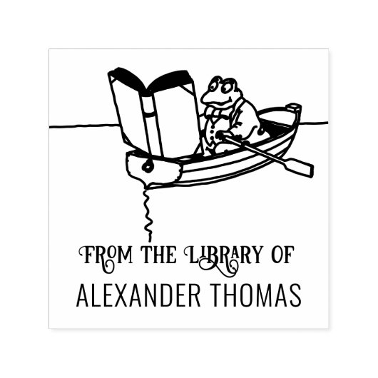 Frog in Row Boat Reading Book Library Name セルフインキングスタンプ (デザイン)