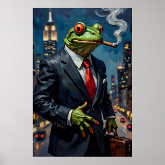 Frog in Suit with Cigar Painting ポスター