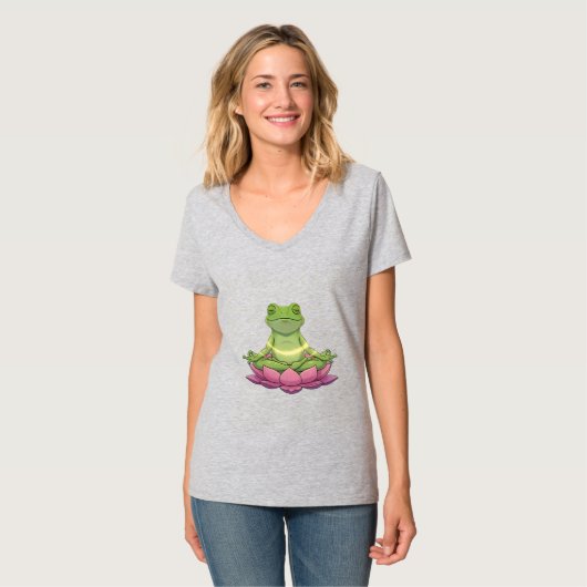 Frog Meditating On Flower Cute Funny Gray Womens Tシャツ (正面フル)