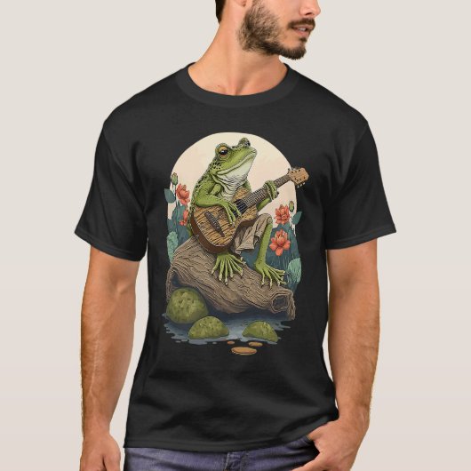 Frog Playing Guitar  Frog Banjo On Log Aesthetic F Tシャツ (正面)