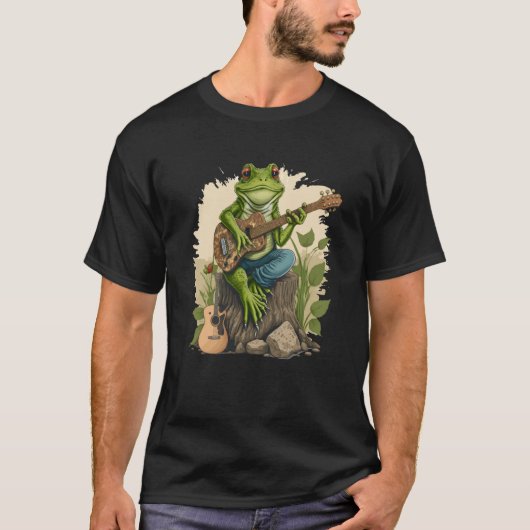 Frog Playing Guitar Frog Play Banjo On Log Instrum Tシャツ (正面)