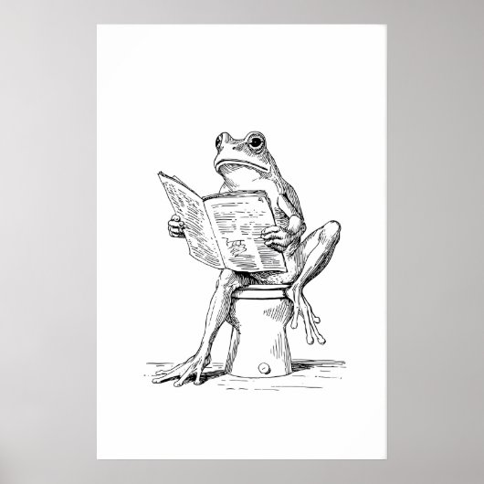 Frog Reading Art Print Black and White Bathroom ポスター (正面)