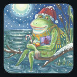 FROG SANTA ON LOG, HOLLIDAY CHRISTMASスタンプSqu スクエアシール<br><div class="desc">冬の夜のカエル。クリスマスはハートを暖める。HOLIDAY FROGスタンプSheet,  Square ... 一致するアイテムを探すSusan Brackデザイン</div>