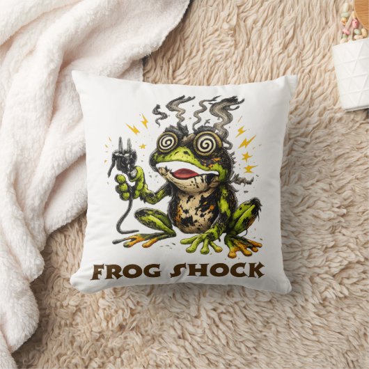 Frog Shock – Funny Electrified Frog Cartoon Illust クッション (ブランケット)