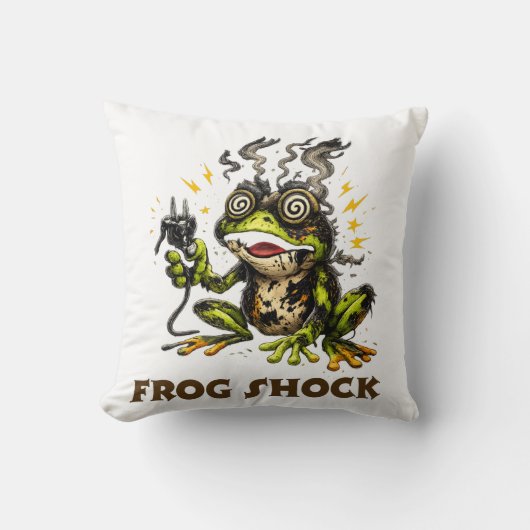 Frog Shock – Funny Electrified Frog Cartoon Illust クッション (正面)