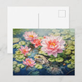 Frog sitting among blooming water lilies シーズンポストカード (正面/裏面)