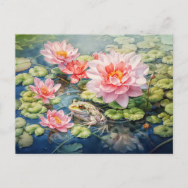 Frog sitting among blooming water lilies シーズンポストカード