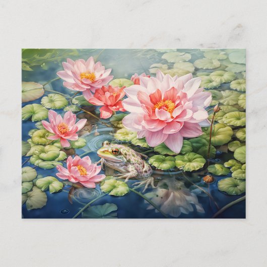 Frog sitting among blooming water lilies シーズンポストカード (正面)