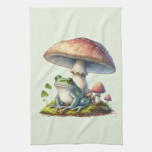 Frog Under a Mushroom Cute Nature キッチンタオル (縦)