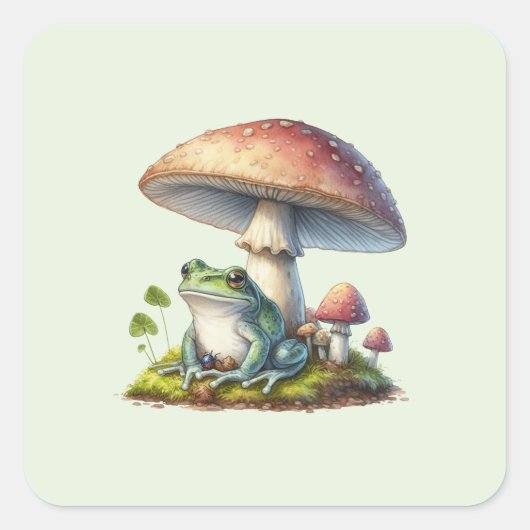 Frog Under a Mushroom Cute Nature スクエアシール (正面)