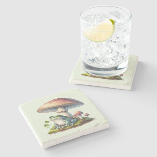 Frog Under a Mushroom Cute Nature ストーンコースター (横)