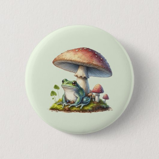 Frog Under a Mushroom Cute Nature 缶バッジ (正面)