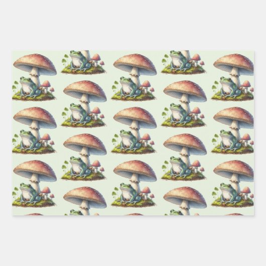 Frog Under a Mushroom Cute Nature Pattern ラッピングペーパーシート (正面3)
