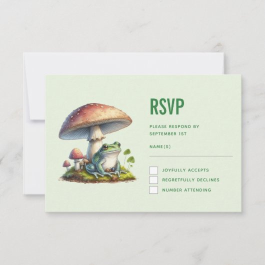Frog Under a Mushroom Cute Nature Wedding 出欠カード (正面)