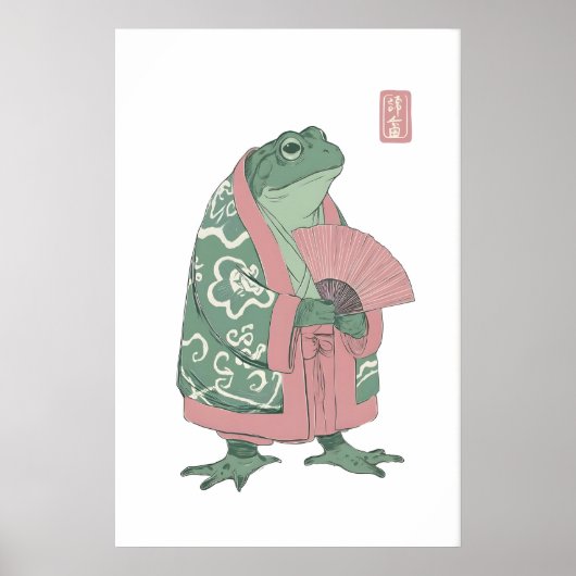 Frog Wall Art Print, Kimono and Fan Illustration ポスター (正面)
