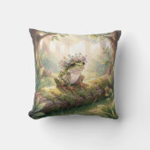 Frog Wearing a Floral Crown In Forest クッション (正面)