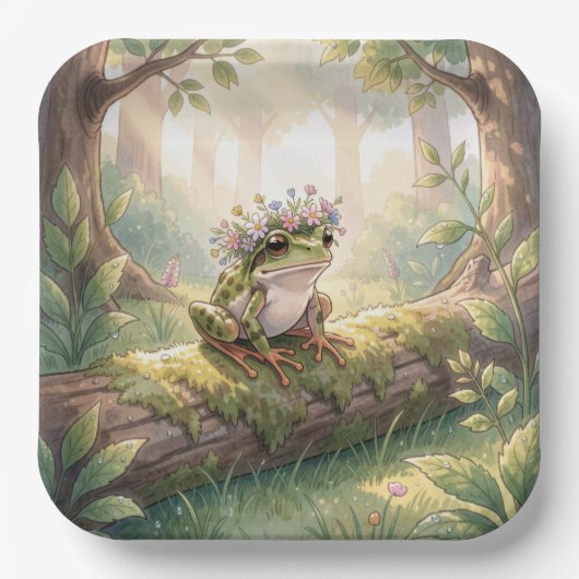 Frog Wearing a Floral Crown In Forest ペーパープレート (正面)