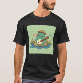 Frog wearing cute hat playing banjo in pond with b tシャツ (正面)