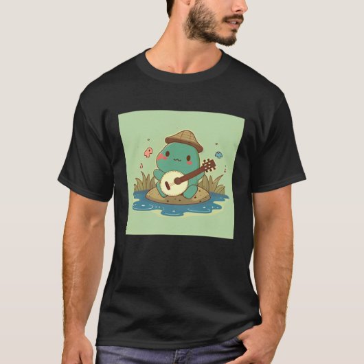 Frog wearing cute hat playing banjo in pond with b tシャツ (正面)